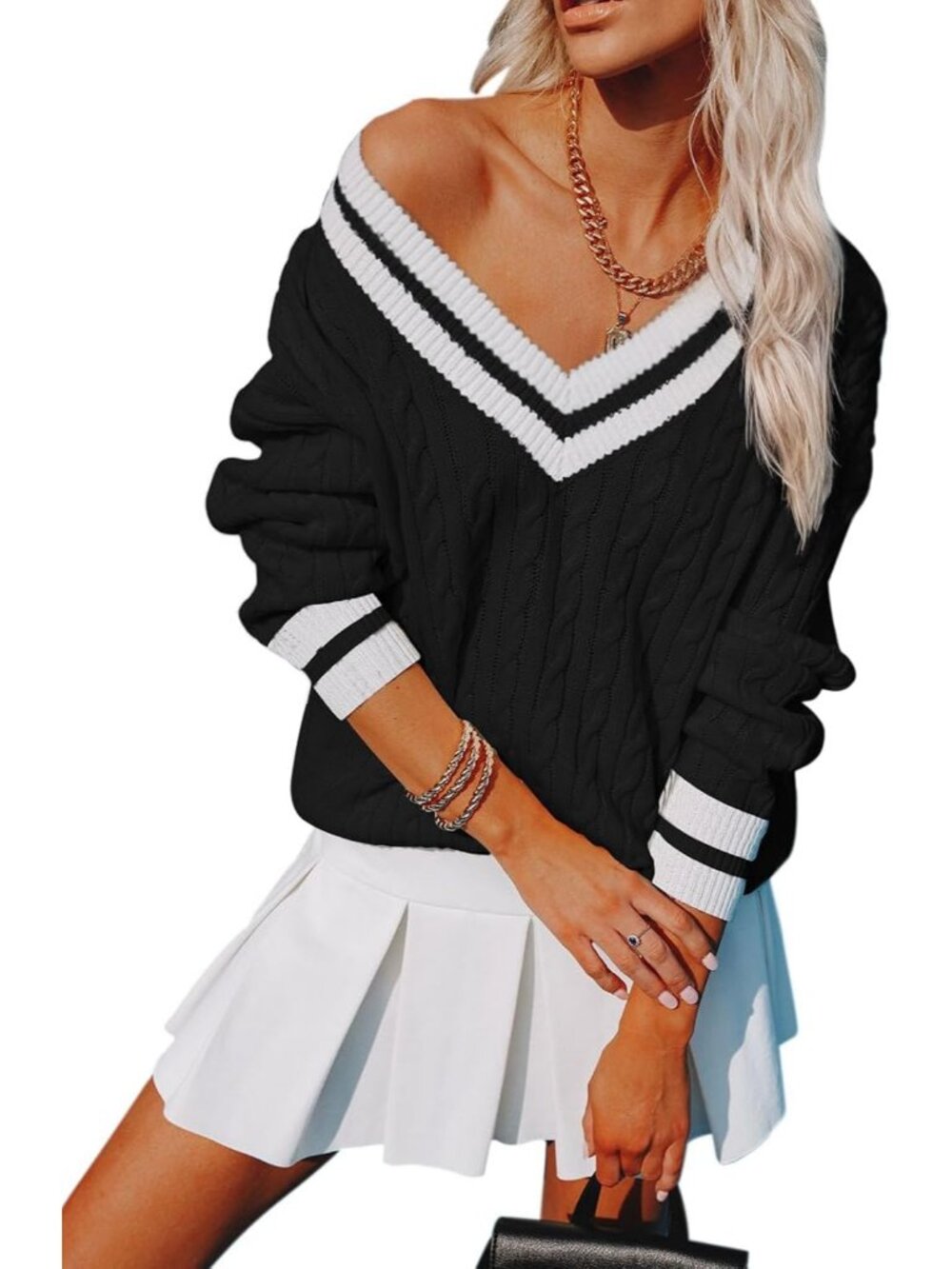 Women's All Black V Neck Long Sleeve Cable Knit Pullover Striped Chunky Sweater